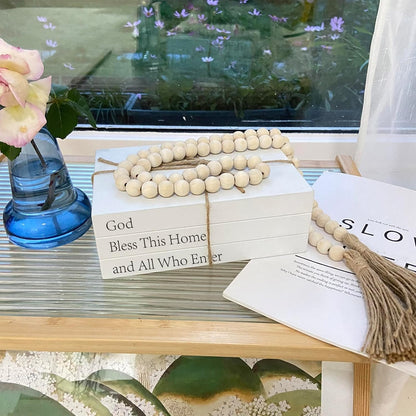 Decorative Books for Home Decor, White Faux Books for Decoration, Rustic Farmhouse Stacked Display Books with 52in Wood Bead Garland for Coffee Tables Living Room (TAKE TIME to DO)