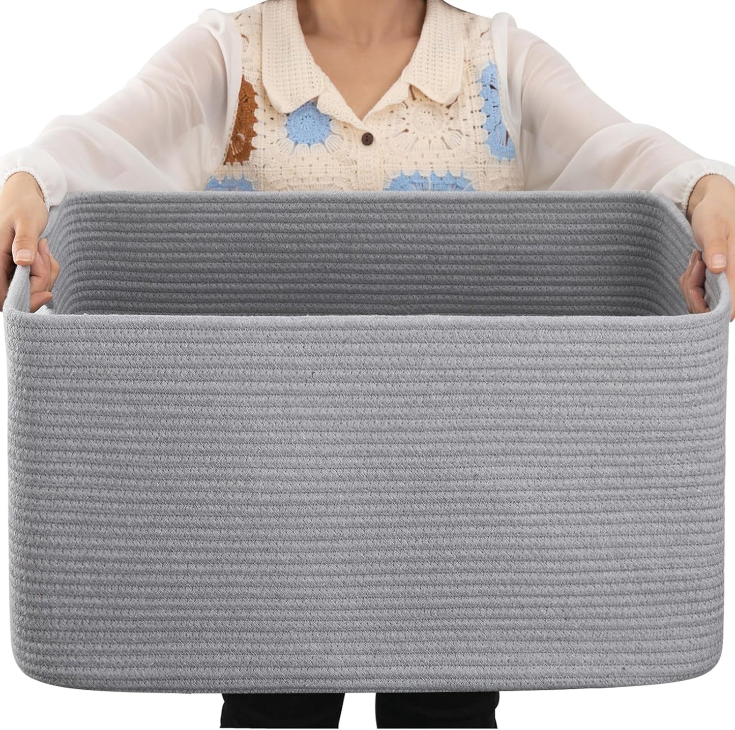 OIAHOMY 75L Large Woven Cotton Rope Storage Basket with Handle for Organizing Blanket and Toys for Living Room, Nursery, Brown Variegated 22”x17”x12”