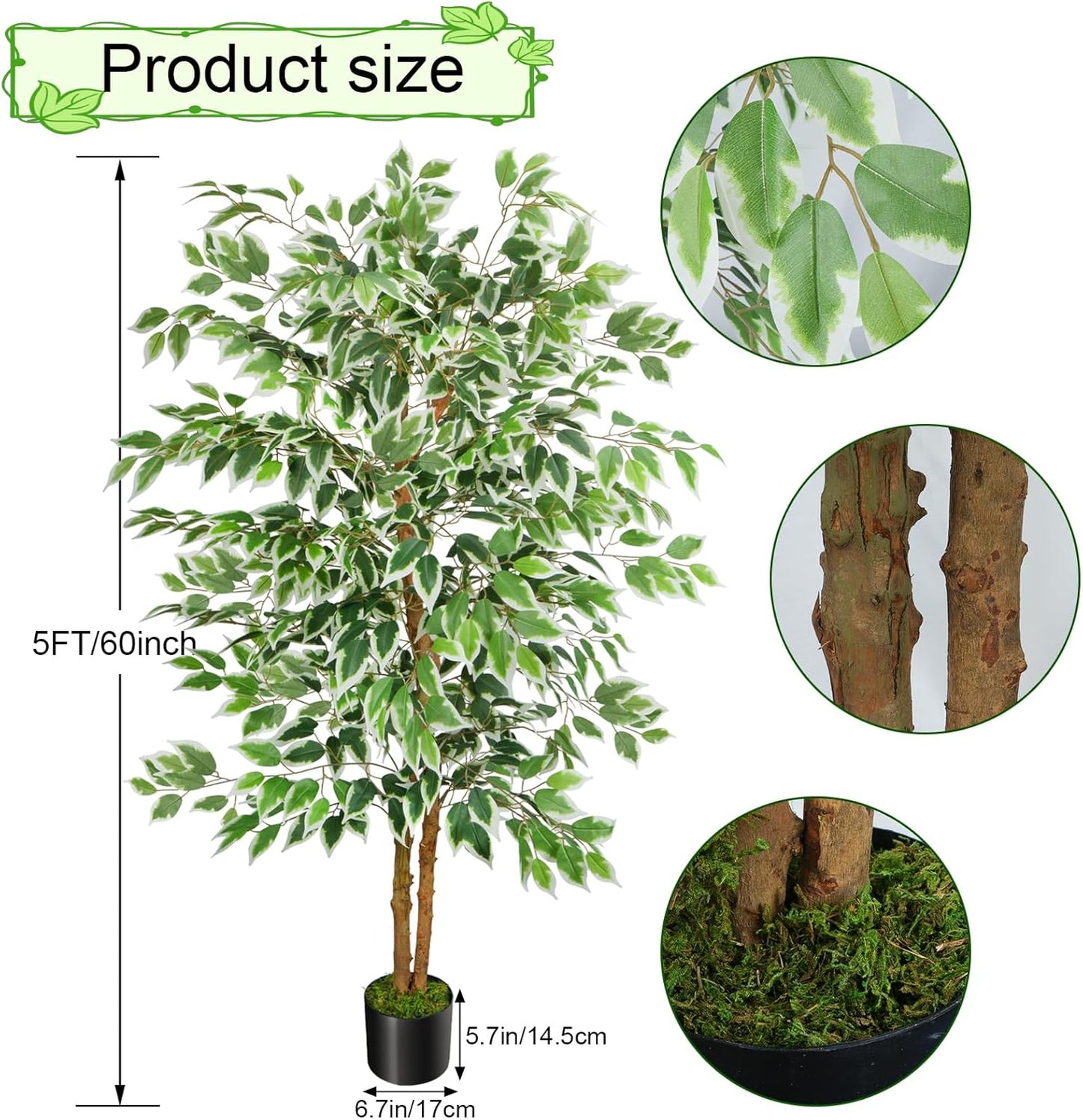 GTIDEA 6ft Artificial Tree Ficus, Tall Faux Trees Indoor with Natural Trunk and Fake Silk Tree Fake Plants for Home Spring Decor Living Room Outdoor Balcony House Office (Included Dried Moss)