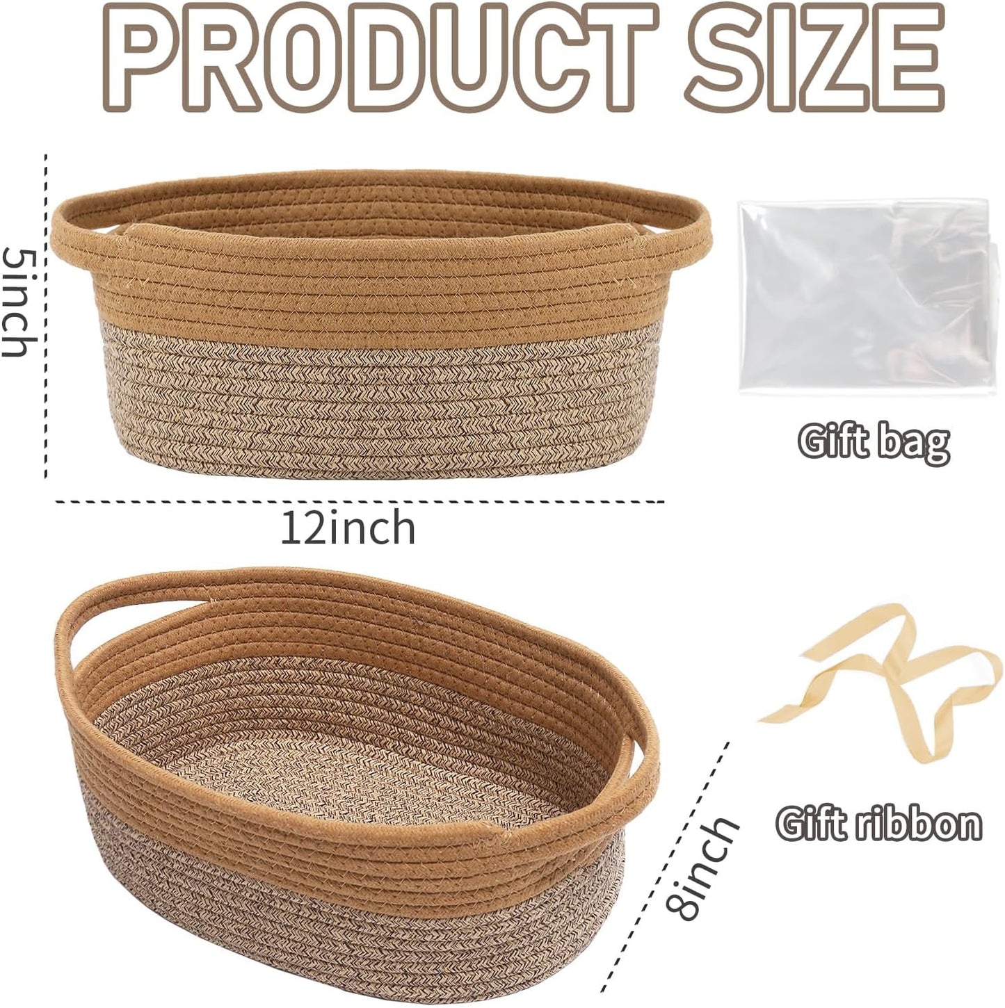 JMvicyroam Woven Basket,Small Rope Storage Bin with Handles & Ribbon Bag, Organizer for Shelves Closets,Gift Basket Empty for Birthday,Books,Dog Toys,White