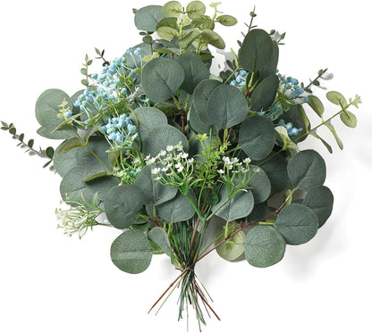 Fake Plants, 20Pcs Eucalyptus Stems Artificial Flowers, Fake Eucalyptus Leaves Stems, Plastic Grey Green Touch Leaf Branches for Home Office Flowers Bouquet Centerpiece Wedding Decoration