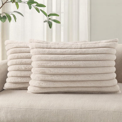 Pallene Faux Fur Plush Throw Pillow Covers 18x18 Set of 2, Luxury Soft Fluffy Striped Decorative Pillow Covers for Sofa, Couch, Living Room, Cream White