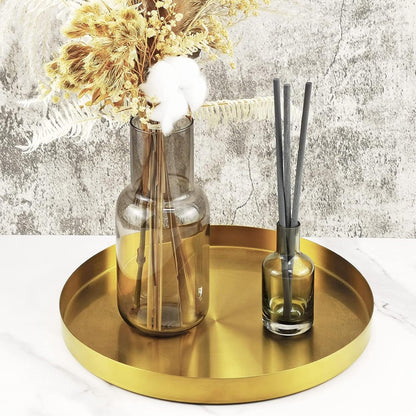 FREELOVE Gold Tray, Round Brass Serving Platter, Bar Circle Decorative Plate, Coffee Table Metal Decor Dishes, Brushed Hammered Coasters, Counter Bathroom Kitchen Dessert Cart Display Food, 12 inch