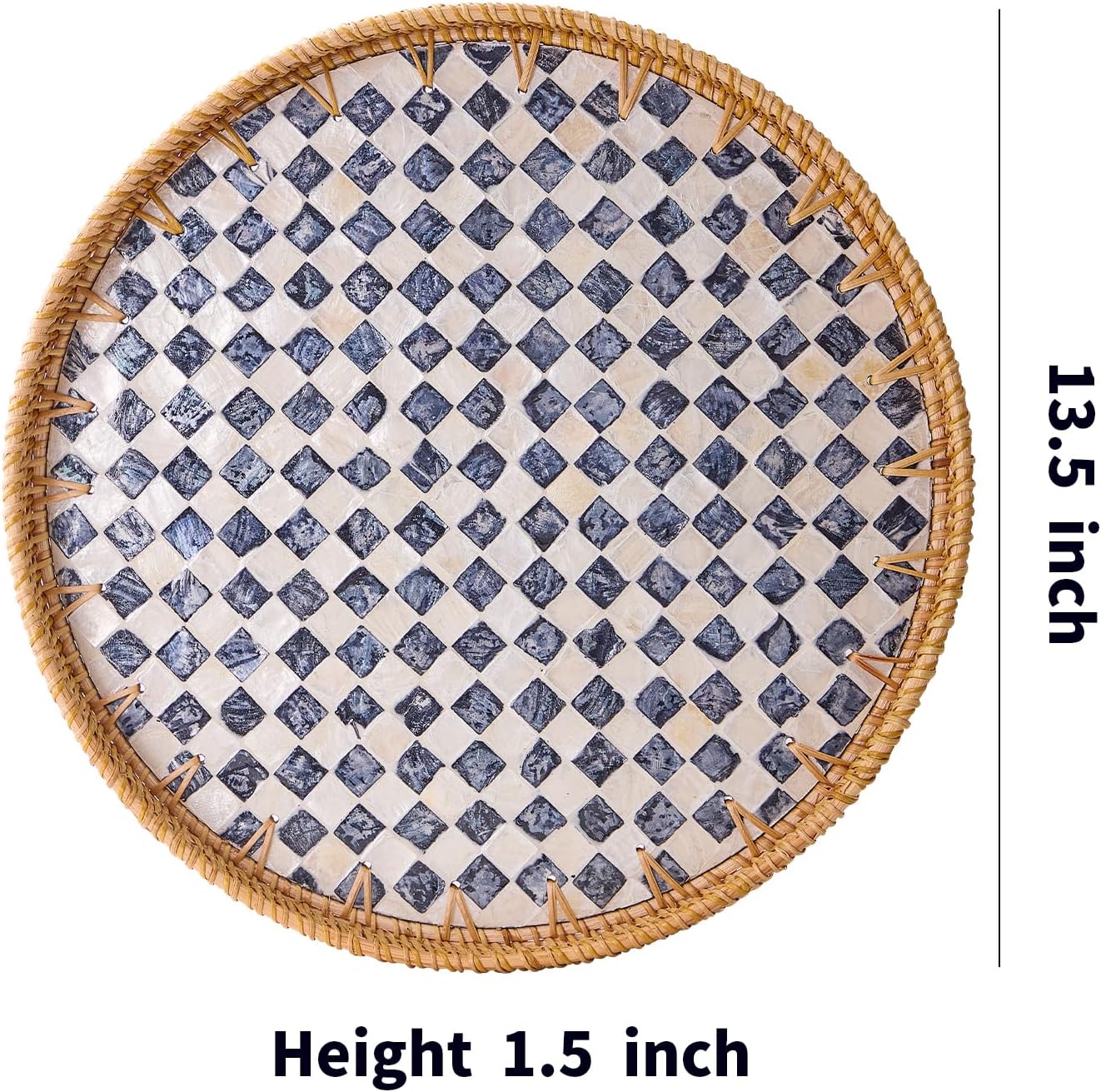 Round Rattan Tray with Mother of Pearl Inlay, Rattan Serving Tray with Wooden Base, Decorative Wicker Basket for Table Decor, Storage and Display of Coffee Bread Food Fruit (Leaf)