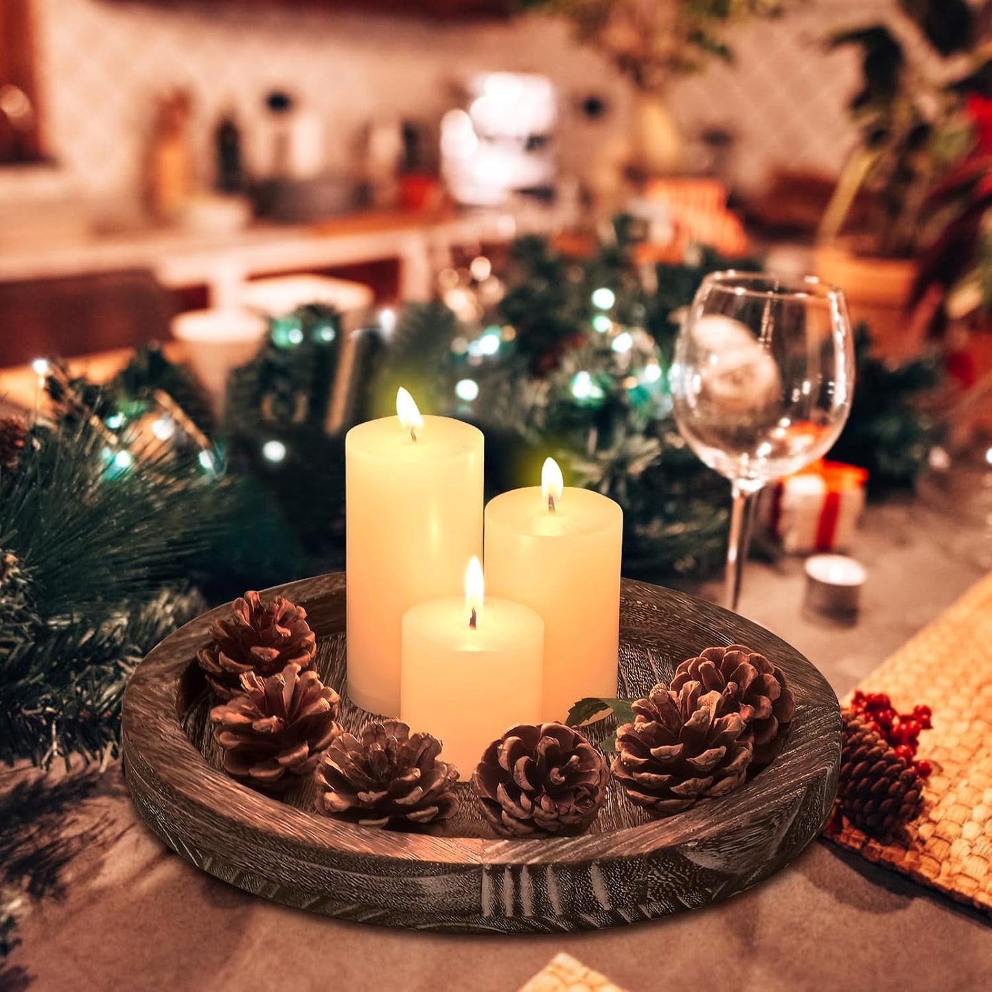 Round Decorative Tray for Coffee Dining Table Countertop Small Wooden Serving Trays Farmhouse Kitchen Home Living Room Decor and Bathroom Accessories Tray Black Rustic Wood Candle Centerpiece Trays