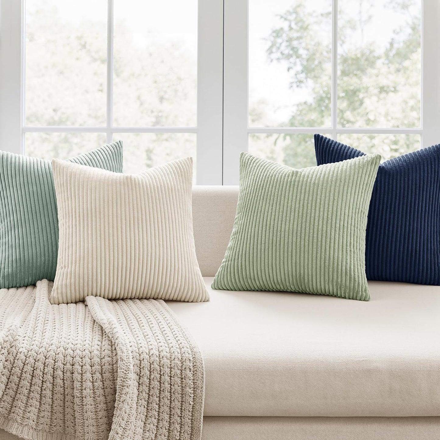 MIULEE Boho Farmhouse Sage Green Throw Pillow Covers 18x18 Inch Set of 4 Mordern Nordic Cushion Covers Soft Corduroy Spring Home Decor for Couch Bed Sofa Living Room Forest Green