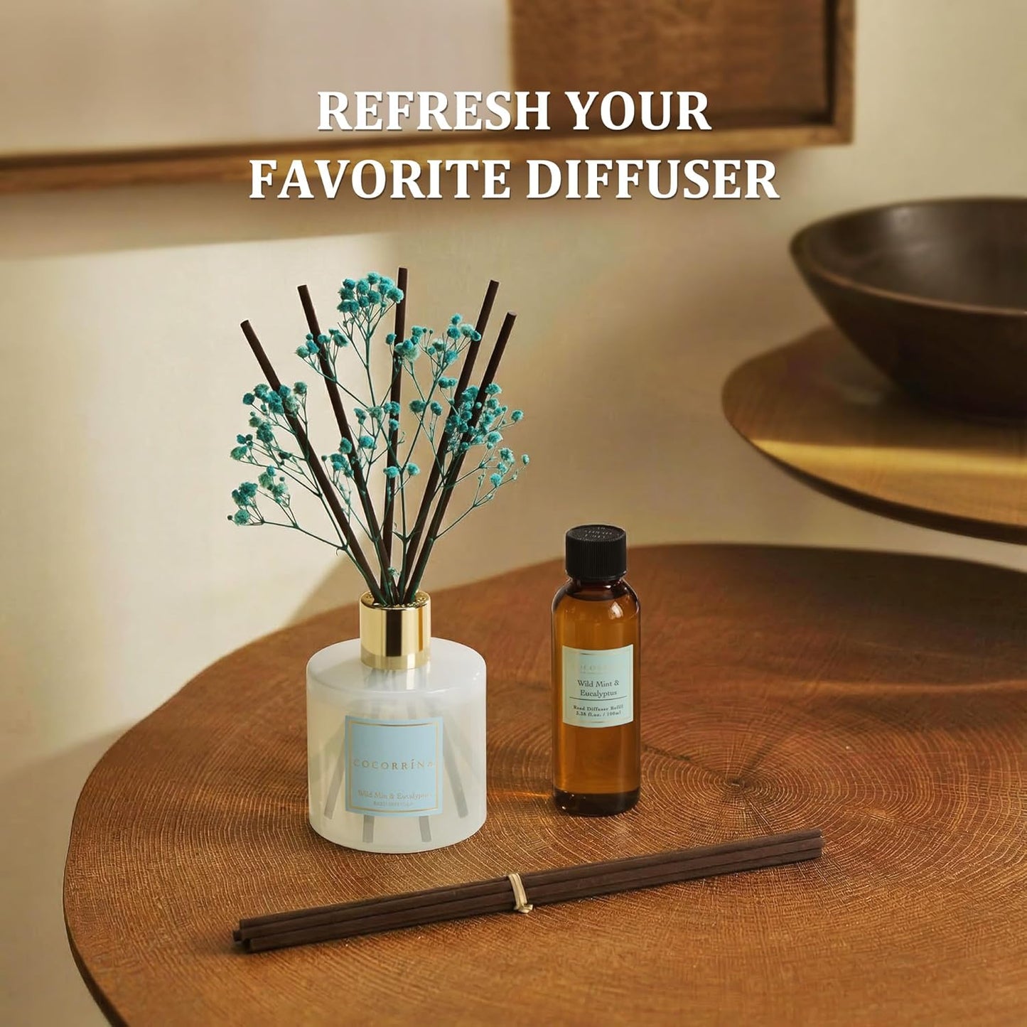 COCORRÍNA Reed Diffuser Set, 10.2oz Scented Oil Refill 3 Pack, Cashmere Vanilla, Ocean Mist, Lavender Garden, Long Lasting Oil Diffuser Refill with 18 Sticks for Bathroom & Bedroom
