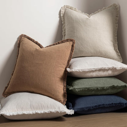 MIULEE Decorative Throw Pillow Covers Neutral Linen Fringe Throw Pillows Set of 2 Natural Beige Boho Farmhouse Cushion Covers with Tassels for Couch Sofa Bed Spring Home Decor 20x20 Inch
