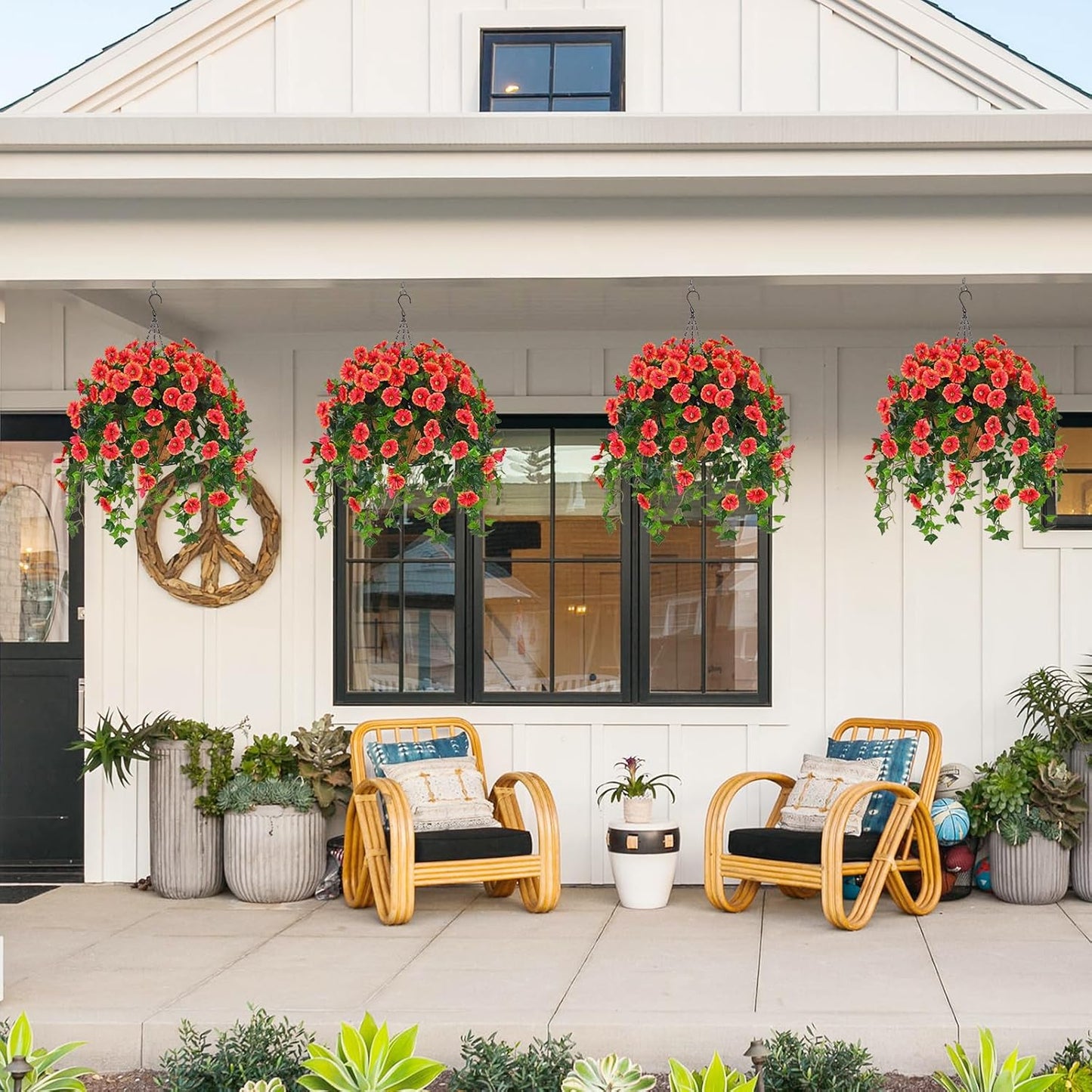 Waipfaru Artificial Hanging Baskets with Flowers, Fake Hanging Plants Outdoors, Urn Fillers for Outside Summer Decor (Fuchsia)