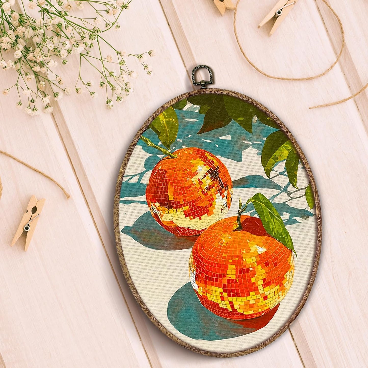 Trendy Funky Orange Disco Ball Oval Wall Art Framed, Funky Retro Oval Wall Decor, Trendy Aesthetic Hanging Canvas Prints Wall Sculptures for Home Living Room Bedroom Decor, 8.5x11.5 Inch