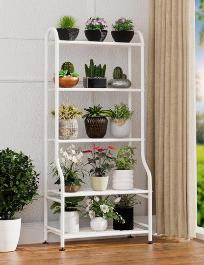 5-Tier Metal Plant Stand - Heavy Duty Indoor Outdoor Flower Shelf for Multiple Pots, 65" Tall Vertical Holder with Adjustable Leveling Feet & Wall-Fixing Kits, Black