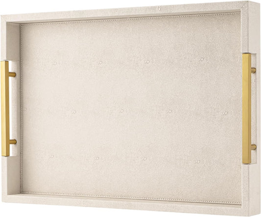 Beige Faux Leather Serving Tray with Handles – Large Decorative Tray for Coffee Table, Ottoman, Living Room, Bathroom – Home Decor