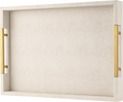 Beige Faux Leather Serving Tray with Handles – Large Decorative Tray for Coffee Table, Ottoman, Living Room, Bathroom – Home Decor