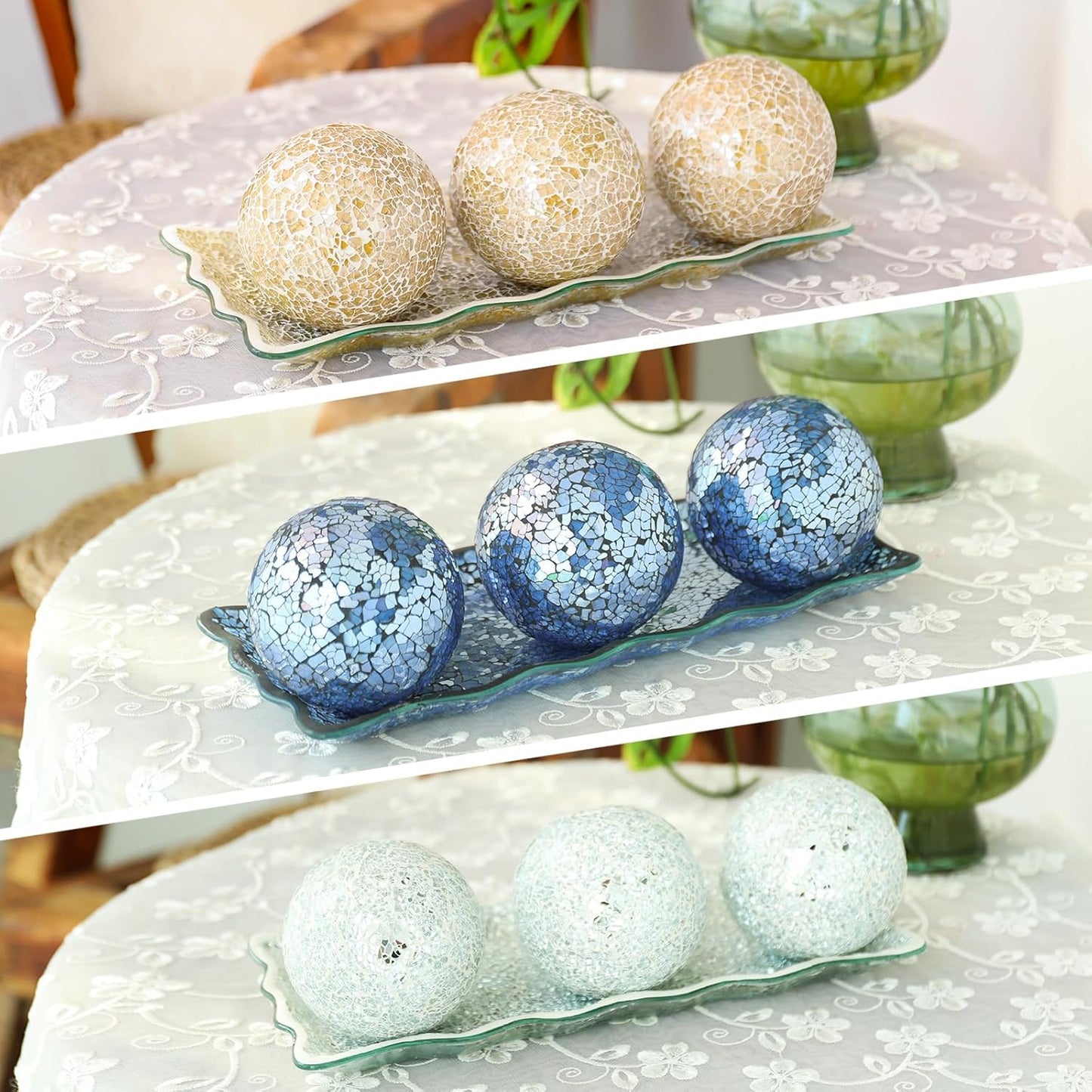 VCUTEKA Decorative Balls and Glass Bowl, 4 Inch Mosaic Sphere Balls Centerpiece Balls for Coffee Table, Home Decor, Wedding Party Decor, Green