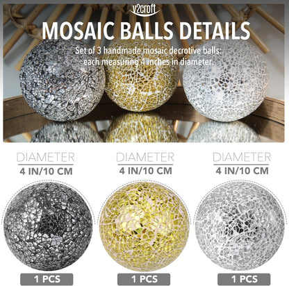 4in Decorative Mosaic Sphere Orbs Set of 3, Glass Balls for Whole Housewares,Wedding/Birthday,Bowls,Vases Dining Table Centerpieces(Silver,Black,Blue)