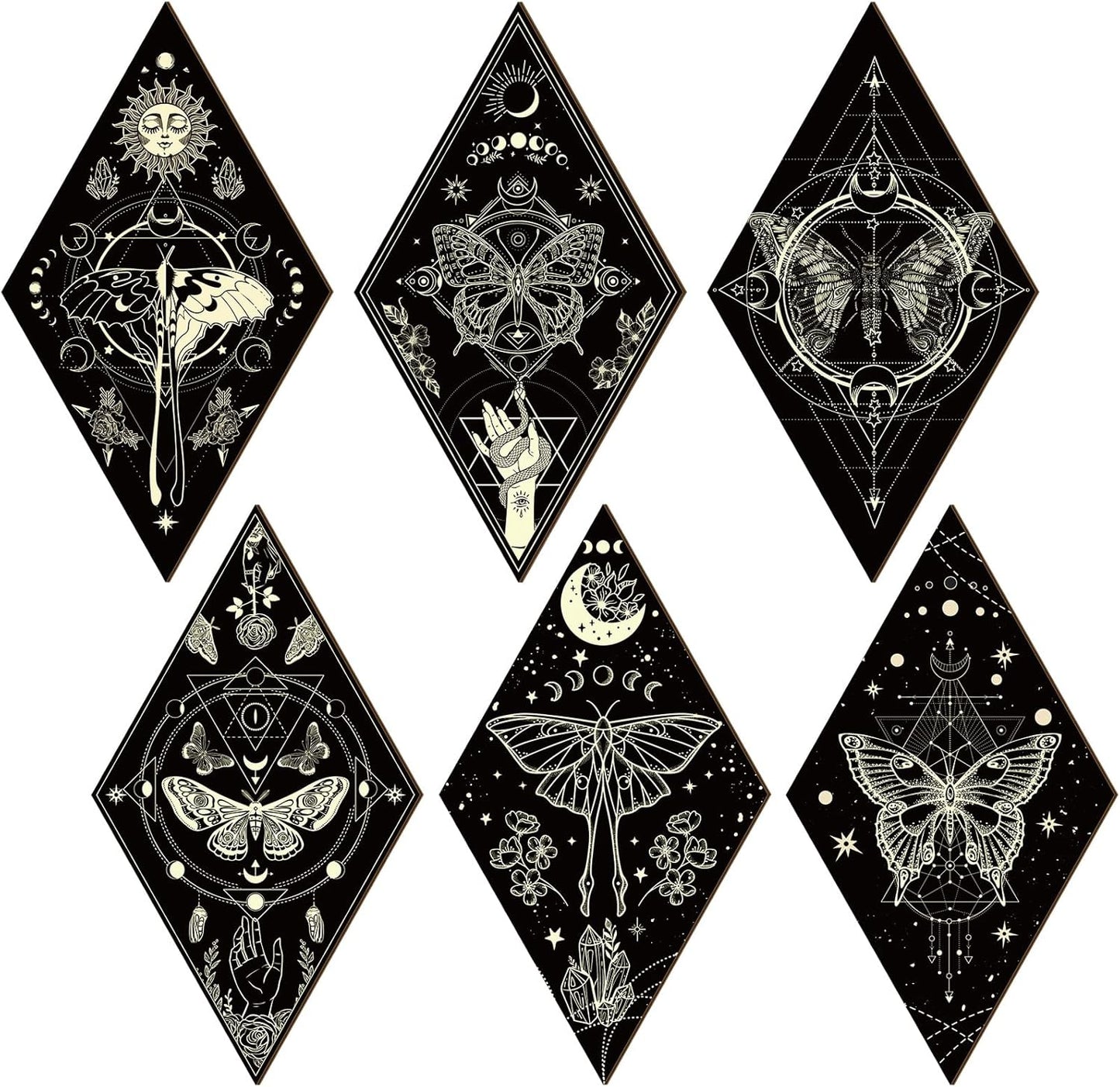 Sintuff 6 Pieces Gothic Wall Decor Boho Sun Moon Phases Wall Art Gothic Minimalist Stars Sun Hanging Wooden Home Decor Farmhouse Pediments for Gallery Living Bedroom Room(Mushroom)
