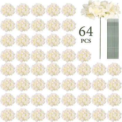 Auihiay 64 PCS Artificial Hydrangea Flowers, Silk Hydrangea Full Flowers Heads with Stems for Wedding Centerpieces, Home, Garden, Baby Shower, Party Decoration (Ivory)