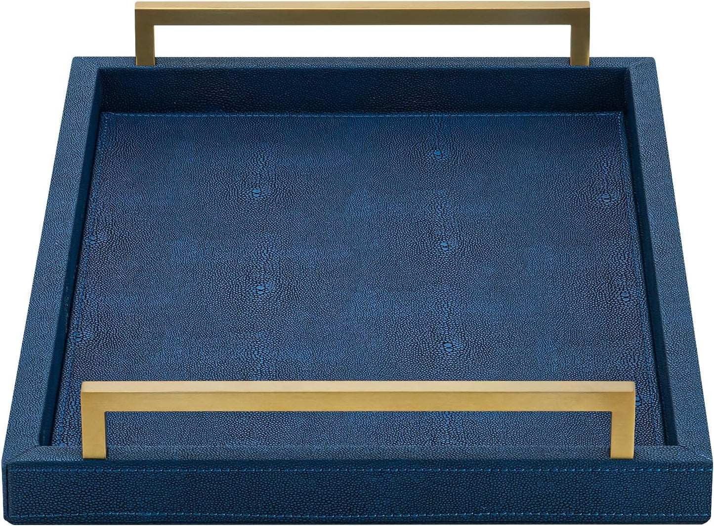 XIGEXIGE Ivory Shagreen Decorative Tray Large Rectangle Coffee Table Tray for Ottoman Faux Leather Serving Tray with Brushed Gold Handles