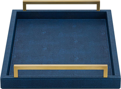 XIGEXIGE Ivory Shagreen Decorative Tray Large Rectangle Coffee Table Tray for Ottoman Faux Leather Serving Tray with Brushed Gold Handles