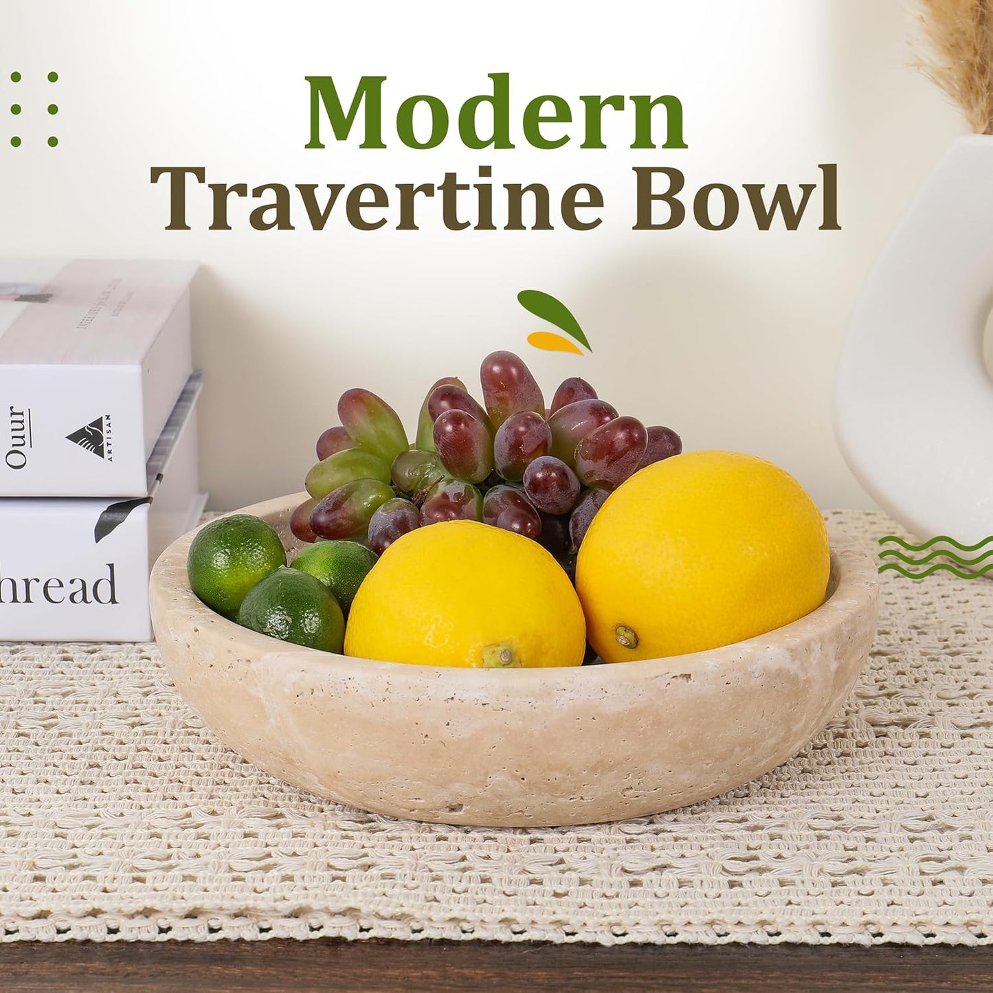 FNTSTICGOODS Travertine Decorative Bowl - 7.8” Diameter & 2” Height - Key Bowl for Entryway Table - Organic Modern Centerpiece - White/Gray