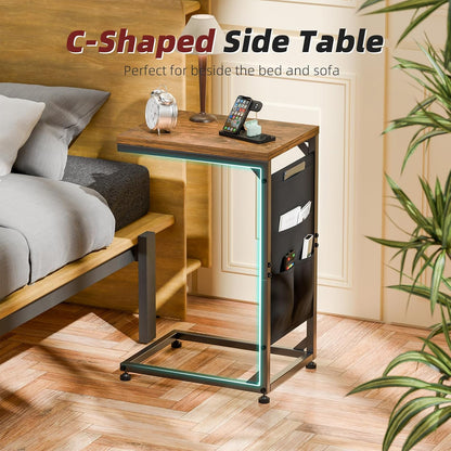 Simple Trending C Shaped End Table, TV Tray for Couch, Small Side Table with Metal Frame, for Living Room Bedroom, Rustic Brown