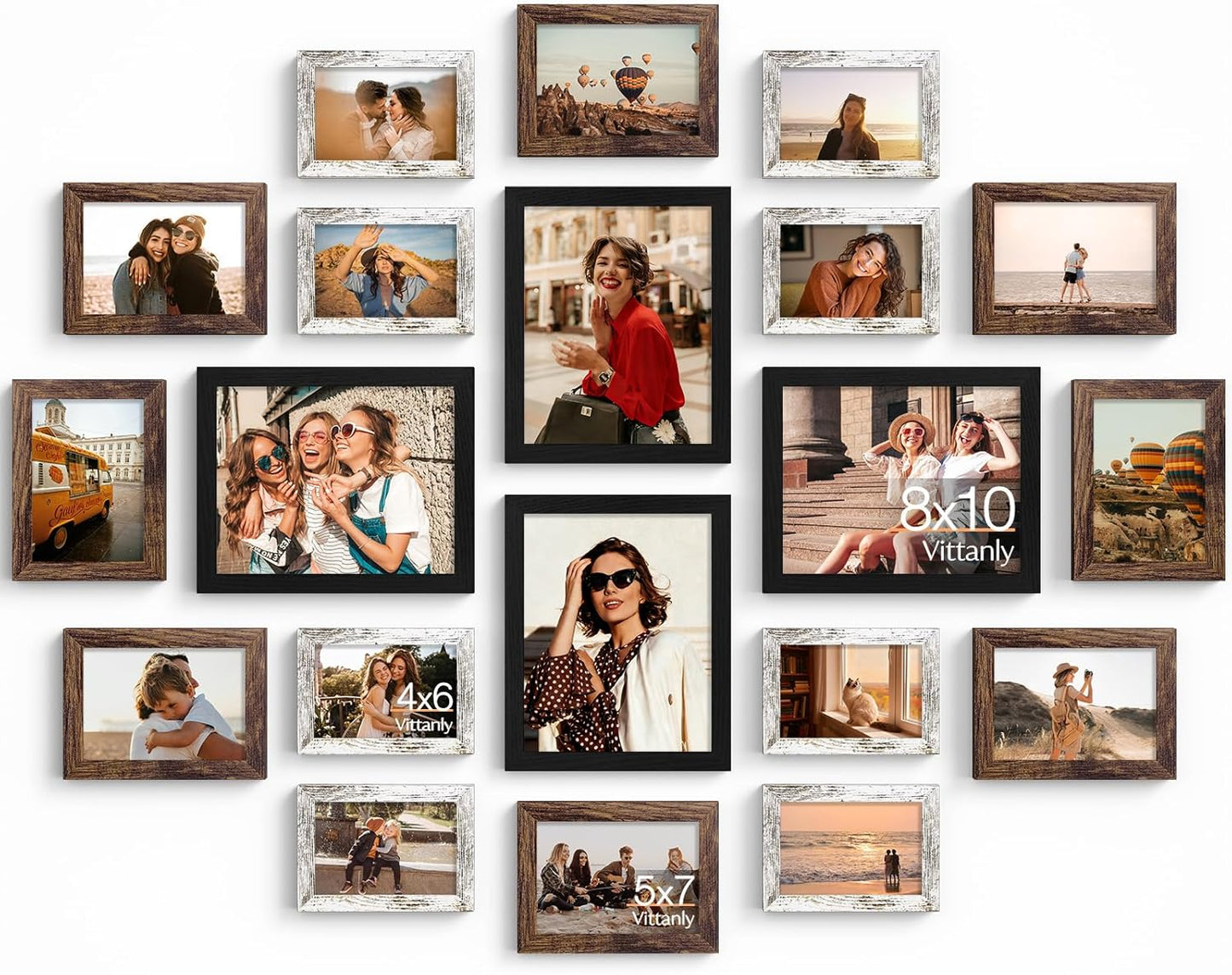 Vittanly 20 Pack Picture Frames Collage Wall Decor, Multi Sizes Including 4pcs 8x10, 8pcs 5x7 and 8pcs 4x6 Photo Frames, Gallery Frame Set for Wall or Tabletop Display, Black, Brown and Dark Grey