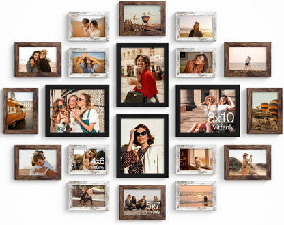 Vittanly 20 Pack Picture Frames Collage Wall Decor, Multi Sizes Including 4pcs 8x10, 8pcs 5x7 and 8pcs 4x6 Photo Frames, Gallery Frame Set for Wall or Tabletop Display, Black, Brown and Dark Grey