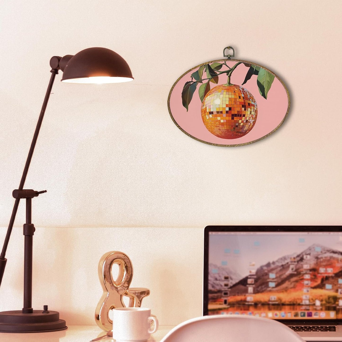 Trendy Funky Orange Disco Ball Oval Wall Art Framed, Funky Retro Oval Wall Decor, Trendy Aesthetic Hanging Canvas Prints Wall Sculptures for Home Living Room Bedroom Decor, 8.5x11.5 Inch
