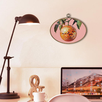 Trendy Funky Orange Disco Ball Oval Wall Art Framed, Funky Retro Oval Wall Decor, Trendy Aesthetic Hanging Canvas Prints Wall Sculptures for Home Living Room Bedroom Decor, 8.5x11.5 Inch