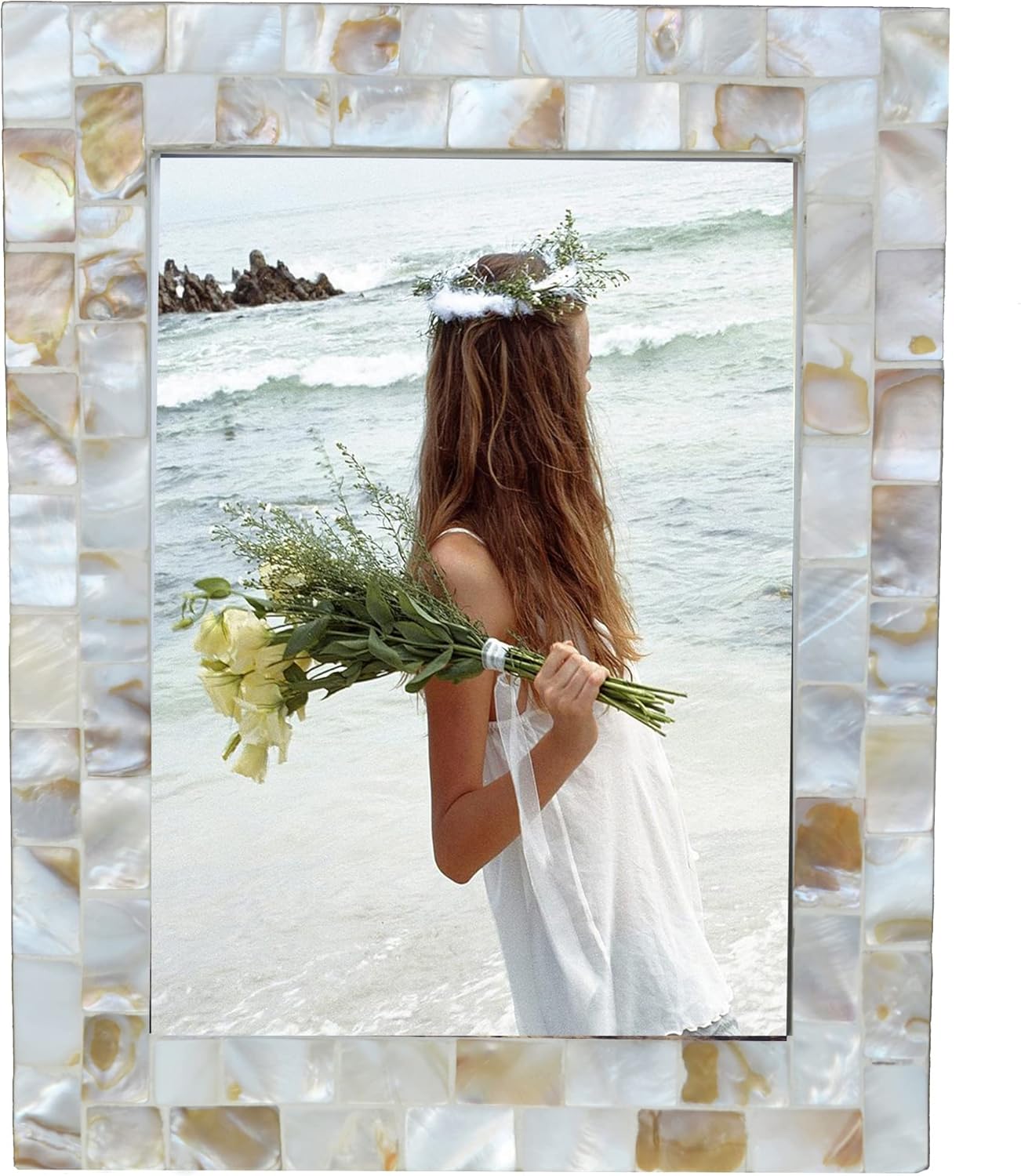 Silver Plate Picture Frame 5x7 Mother of Pearl 5 by 7 Photo Frame Mosaic Glass Tabletop Frame (Grey+ White,1pc)