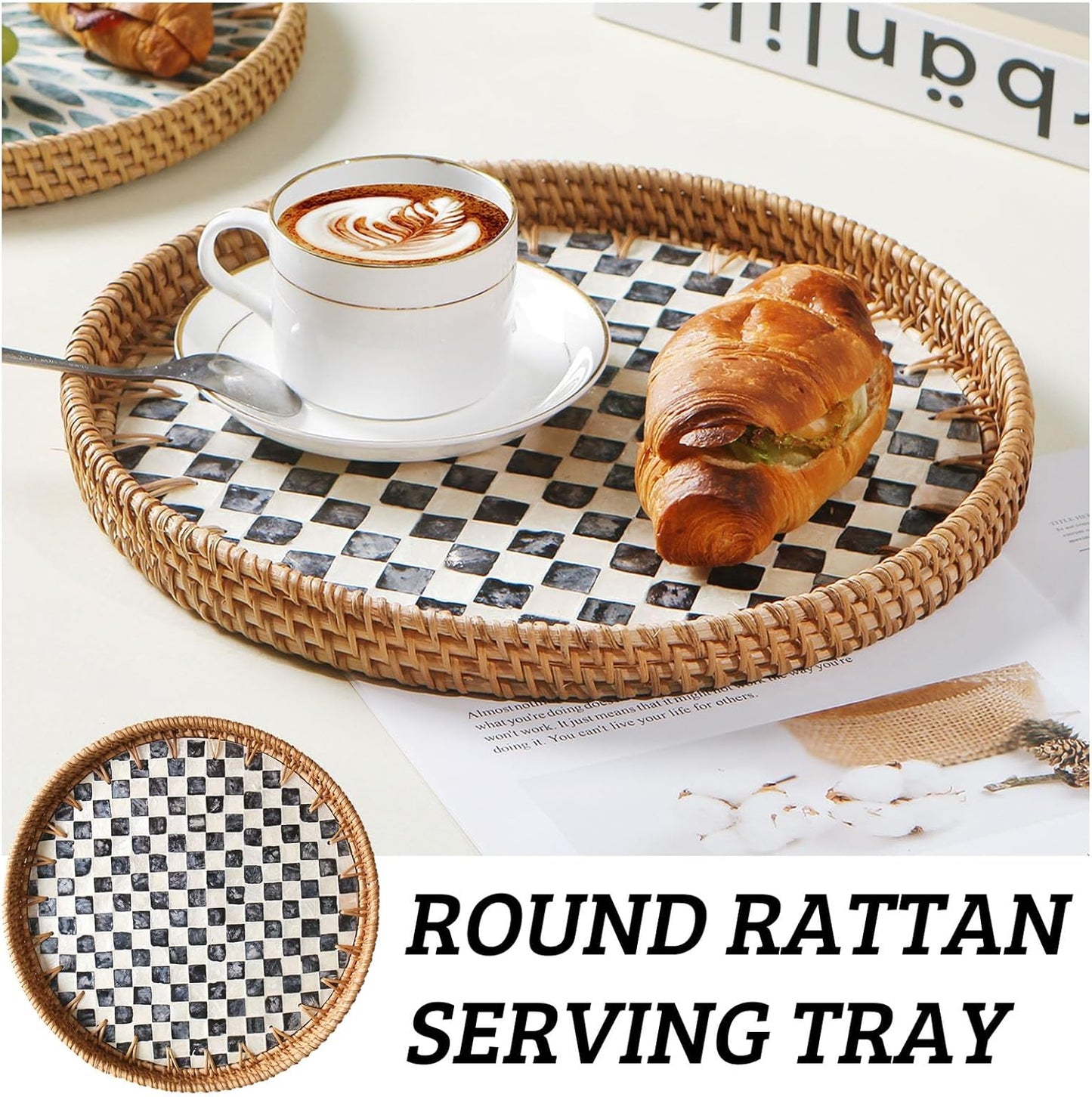 Round Rattan Tray with Mother of Pearl Inlay, Decorative Wicker Serving Tray with Wooden Base, Woven Basket Trays for Bread Fruits Coffee, Leaf