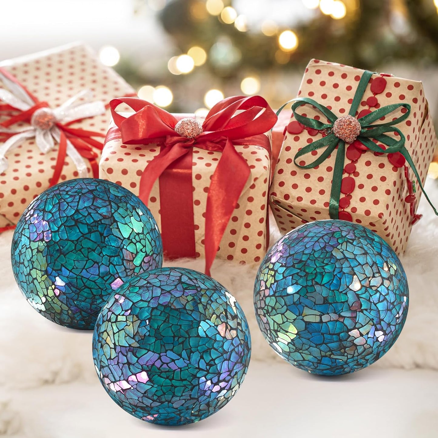 3Pcs Mosaic Glass Orbs Decorative Balls Set 8.5cm/3.35inch Blue Sphere Wedding Party Home Decor Table Centerpiece