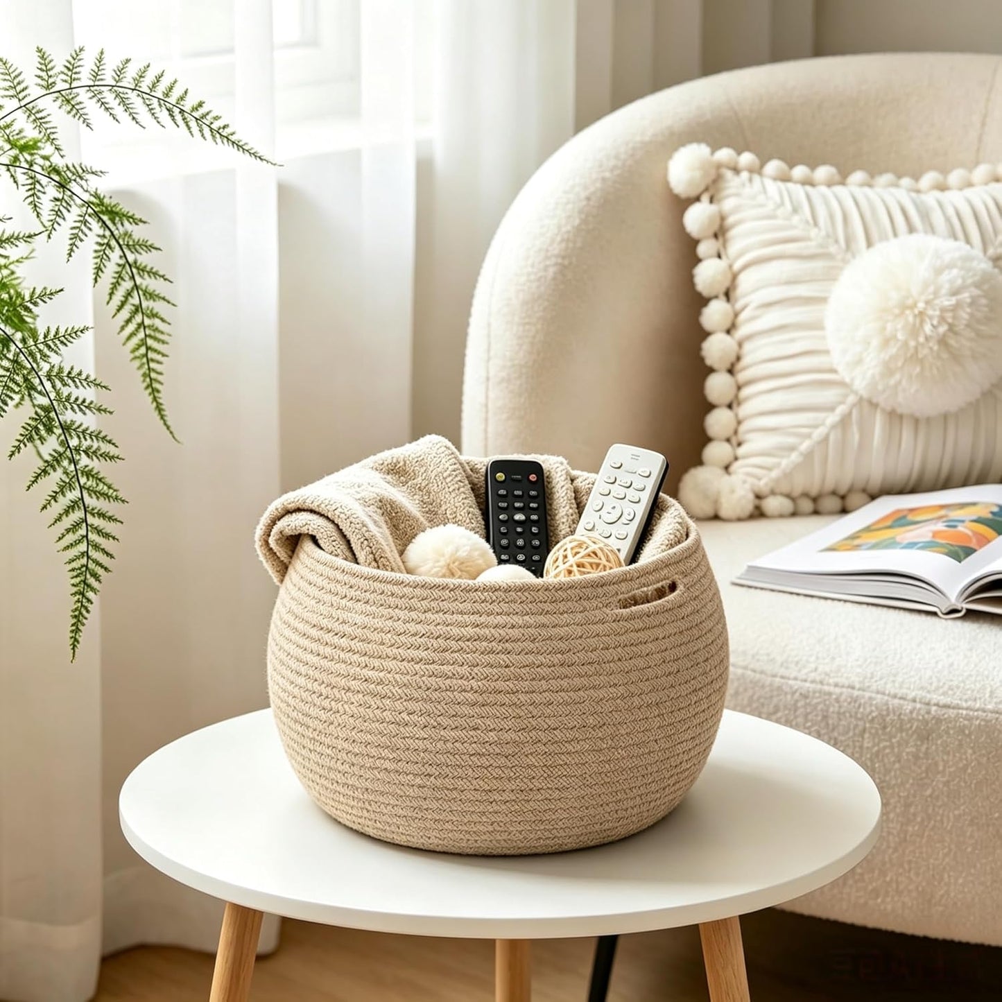 Goodpick Wicker Storage Basket for Living Room, Small Round Woven Basket for Toys, Towel, Bedroom, Children Corner Decoration Plant Baskets Indoor, Jute, 10"D x 8.3"H