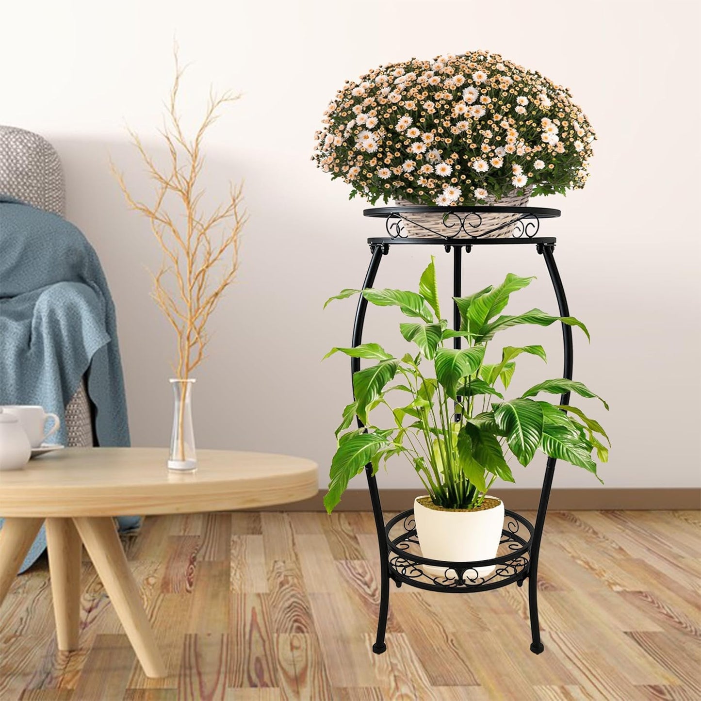 CASIMR 2-Pack Plant Stand, 2 Tier 19.2 inch Tall Metal Potted Holder Rack,Indoor Outdoor Multiple Flower Pot Shelf Rustproof Iron Garden Container for Garden Patio Living Room Corner Balcony, Black