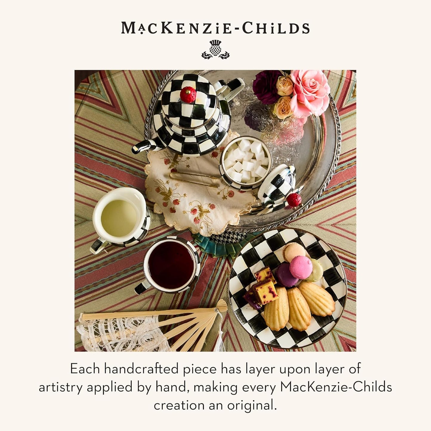 MACKENZIE-CHILDS Enamel Pedestal Serving Platter, Decorative Serving Dish for Food, Small, Black-and-White Courtly Check