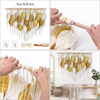 KHOYIME Large Macrame Wall Hanging Boho Woven Tapestry, Chic Home Decor Modern Bohemian Handmade Leaf Feather Wall Art Decorations for Apartment Dorm Living Room Bedroom Nursery Backdrop 39"W X 29.5"L