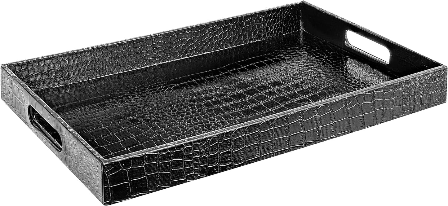 Home Redefined Beautiful Modern Elegant 17.5"x12" Rectangle Classic Black Faux Leather Decorative Tray Ottoman Coffee Table Perfume Living Room Kitchen Serving Tray with Handles for All Occasion's
