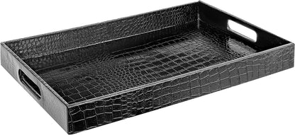 Home Redefined Beautiful Modern Elegant 17.5"x12" Rectangle Classic Black Faux Leather Decorative Tray Ottoman Coffee Table Perfume Living Room Kitchen Serving Tray with Handles for All Occasion's