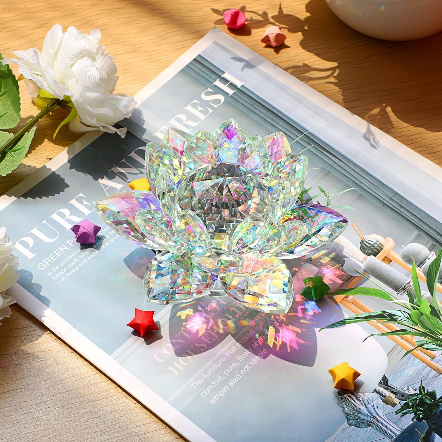 OwnMy 3 Inch Sparkle Crystal Lotus Flower Figurines Decorative Lotus Flower Ornament, Glass Lotus Feng Shui Decor Crystal Flower Paperweight for Home Office Tabletop Centerpieces