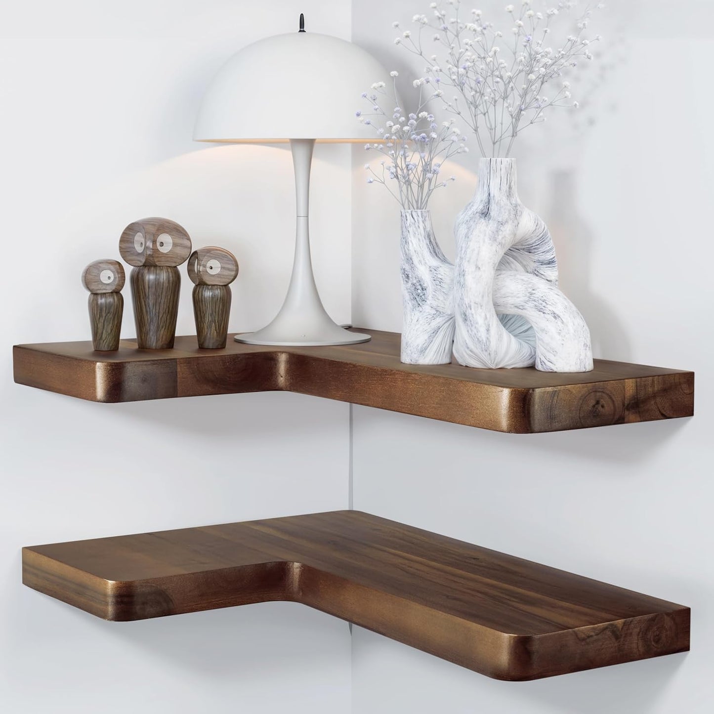 BATODA Acacia Wood Corner Floating Shelves 17" x 12"– Corner Shelf Wall Mounted - Floating Book Shelves for Wall - Brackets and Shelving Hardware Included for Kitchen, Living Room, Bathroom (Set 2)
