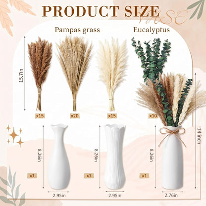 Hushee 3 Set 60 Pcs Dried Pampas Grass with Vase for Table Decor, Boho Ceramic Vase with Eucalyptus Dried Flowers Bouquet, 16" Boho Rustic Fluffy Flowers for Wedding Mantel Entryway Kitchen Home Decor