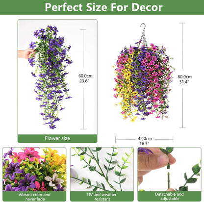 INQCMY Artificial Fake Hanging Plants Flowers Basket for Spring Summer Outdoor Outside Porch Decoration,UV Resistant Faux Silk Violet in Planter for Home Patio Balcony Garden Yard Decor(Red)