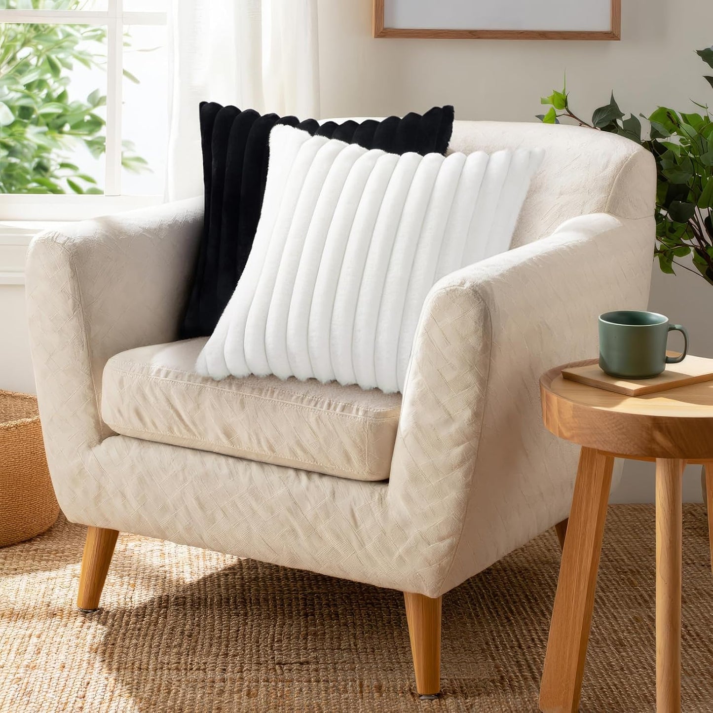 Pallene Faux Fur Plush Throw Pillow Covers 18x18 Set of 2, Luxury Soft Fluffy Striped Decorative Pillow Covers for Sofa, Couch, Living Room, Cream White