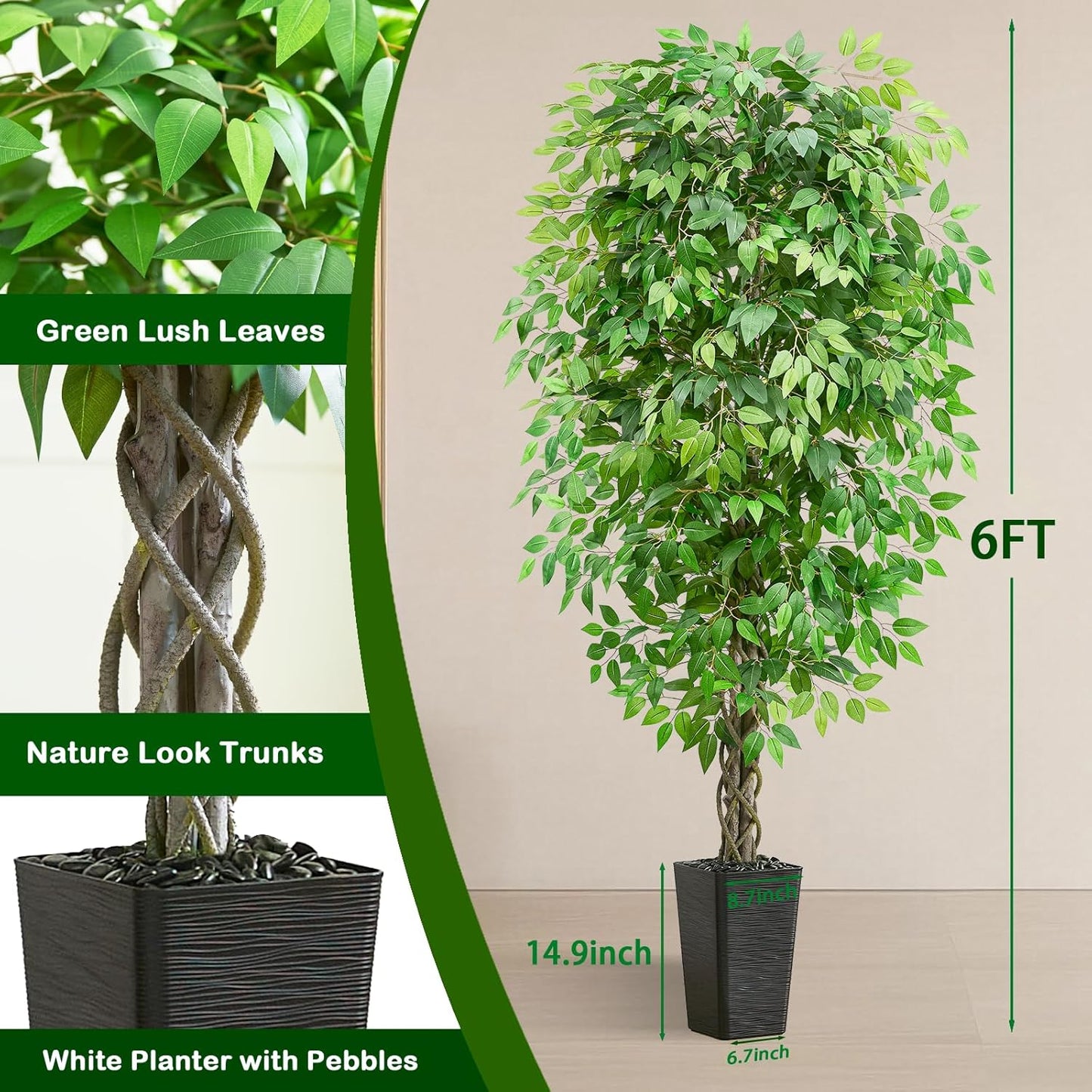 Artificial Ficus Tree 6FT Faux Plants Indoor Tall Fake Plants with White Planter, Green Lifelike Lush Fake Ficus Tree for Home Living Room Bedroom Outdoor Balcony House Office Decor