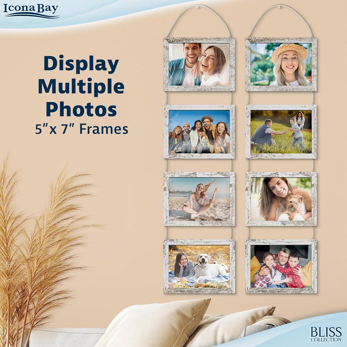 Icona Bay - 4x6 Wall Hanging Picture Frames Collage with 8 Openings - Distressed White, 2 Pack - Casual Style Engineered Wood Frames - Wall Mount Only - Bliss Collection