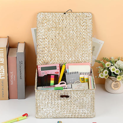 Hipiwe Seagrass Basket with Lid Wicker Storage Basket Square Handwoven Decorative Baskets Box for Shelf Multipurpose Household Baskets Home Decor,X-small