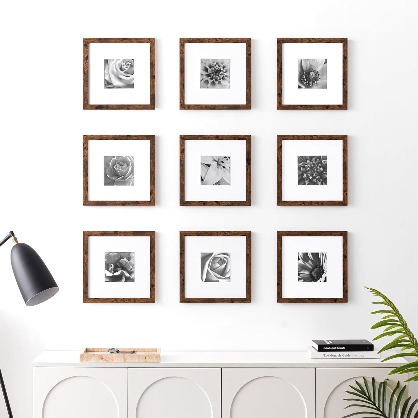 eletecpro 12x12 Picture Frames Set of 9 with Clear Acrylic Cover, Display 8x8 Photos with Mat or 12x12 Without, Classic and Sturdy Square Collage Gallery Wall Decor, Easy Wall Mount, Black