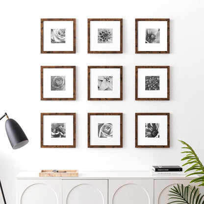 eletecpro 12x12 Picture Frames Set of 9 with Clear Acrylic Cover, Display 8x8 Photos with Mat or 12x12 Without, Classic and Sturdy Square Collage Gallery Wall Decor, Easy Wall Mount, Black