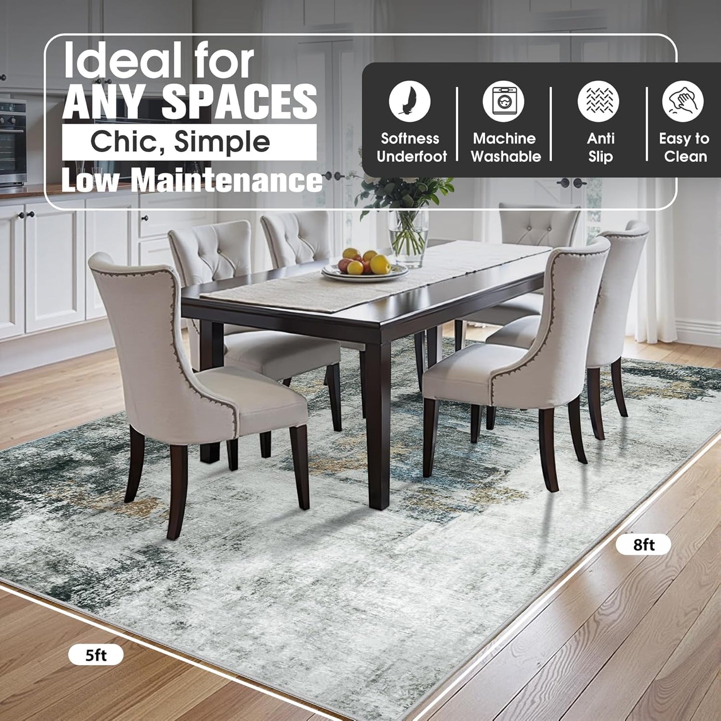 8x10 Area Rugs for Living Room Rug Washable: Abstract Large Rug for Dining Room Bedroom Carpet Non Slip 8 by 10 Indoor Modern Nursery Home Office Blue Grey
