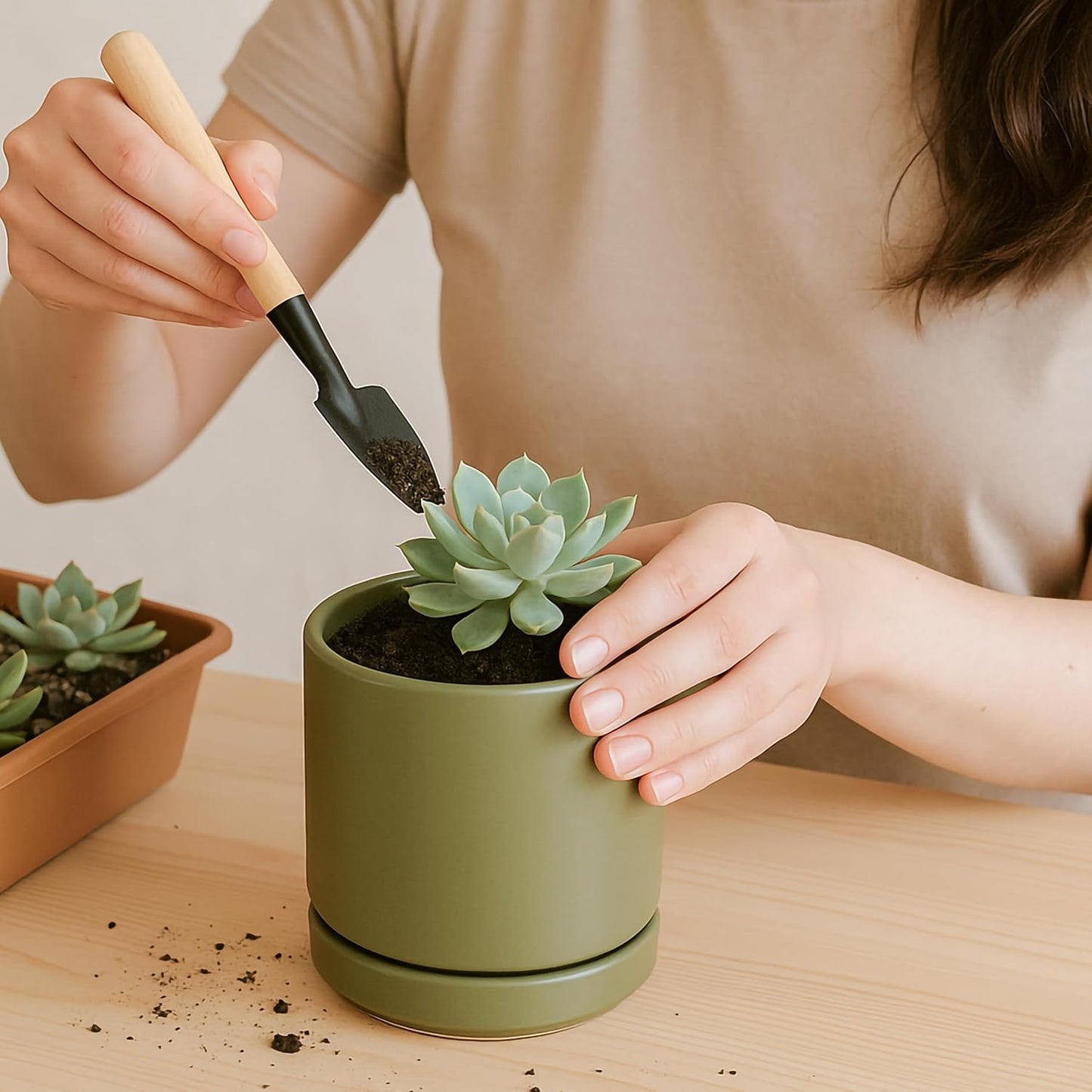 D'vine Dev 6.5 Inch Ceramic Planter Pot with Drainage Hole and Saucer, Indoor Cylinder Round Planter Pot, Olive, 94-O-C-J